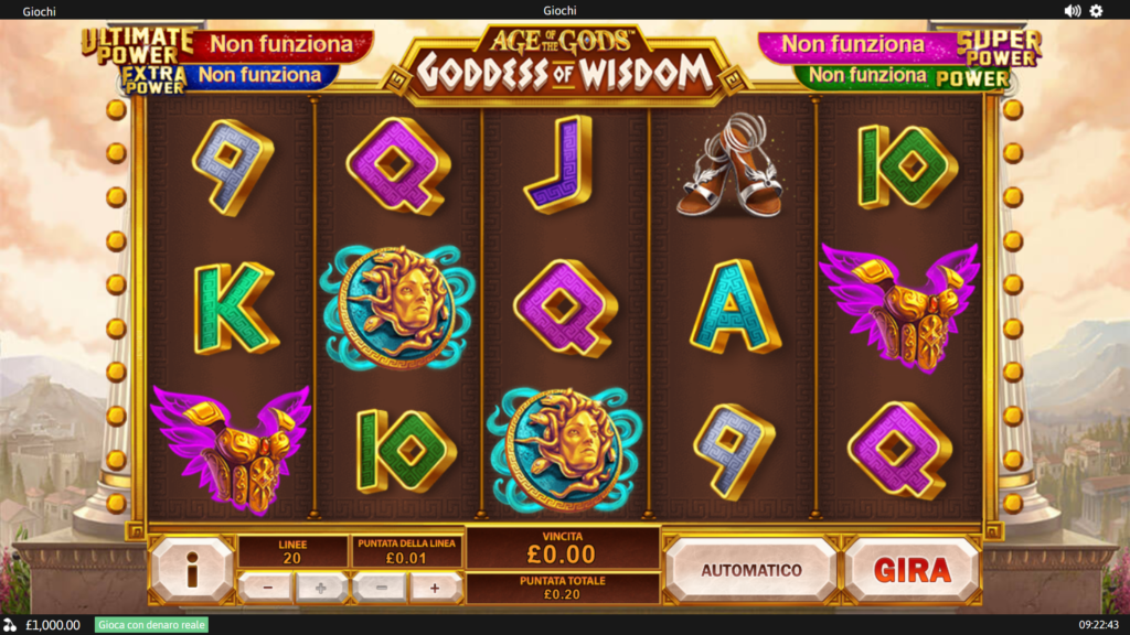 La schermata di gioco di Age of the Gods Goddess of Wisdom slot machine.