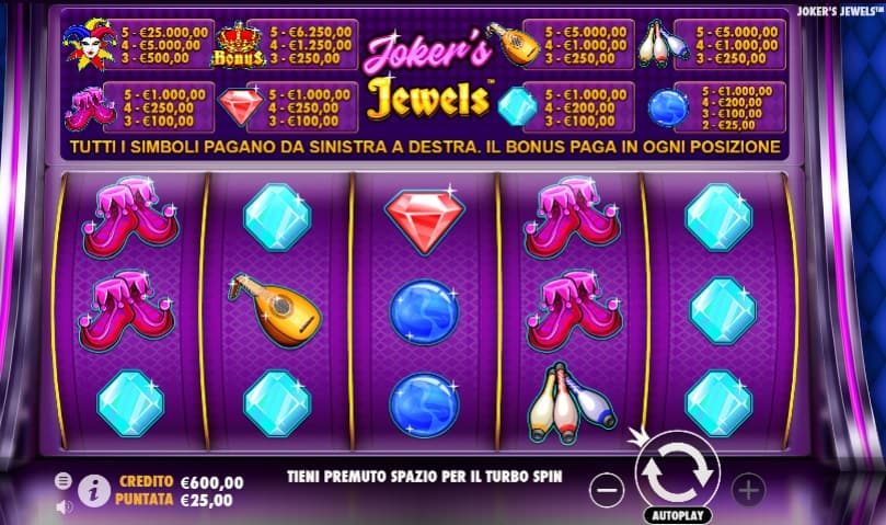 La grafica di Joker Jewels slot machine di Pragmatic Play.