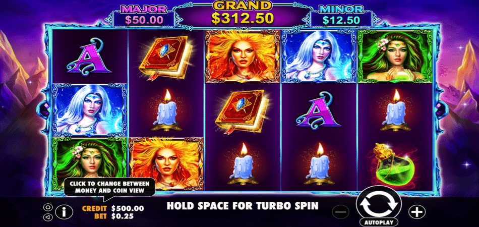 La grafica di 3 Witches slot machine di The Stars Group.