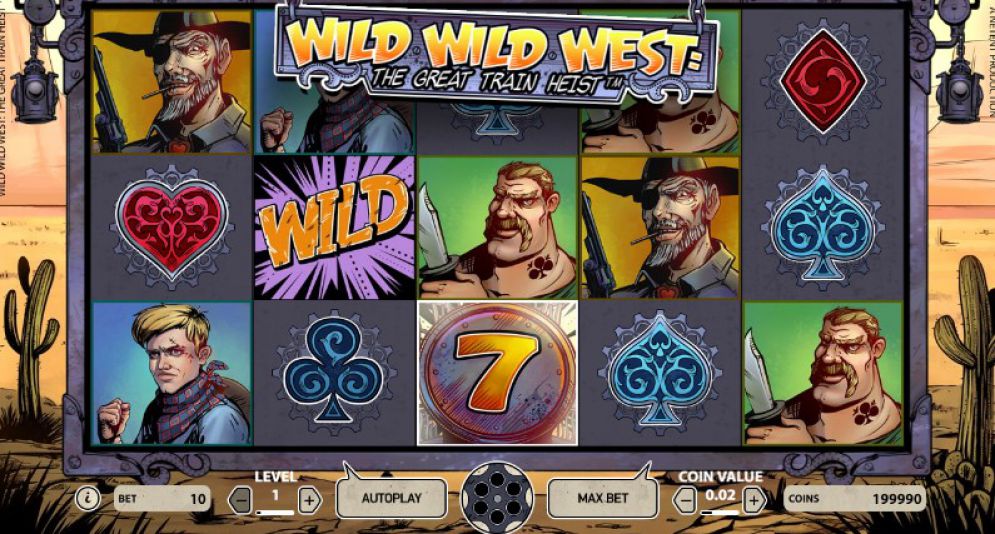 La grafica di Wild Wild West the Great Train Heist slot.