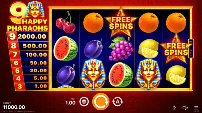 Grafica di 9 Happy Pharaohs slot machine.