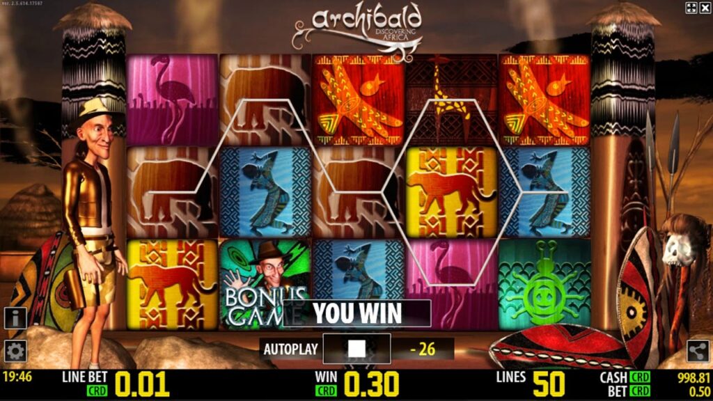 La grafica di Archibald Discovering Africa HD slot machine di World Match.