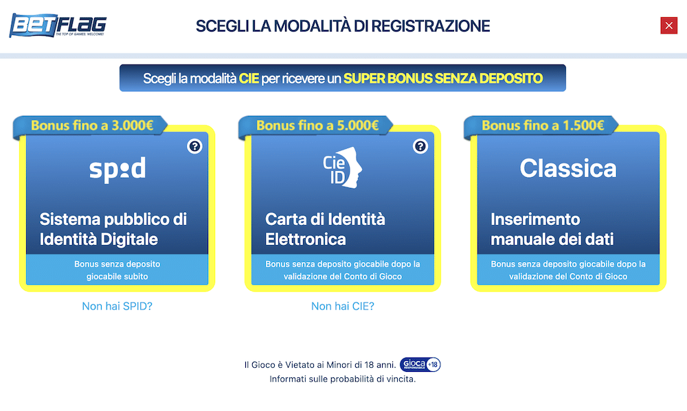 registrazione casino con SPID - esempio Betflag casino