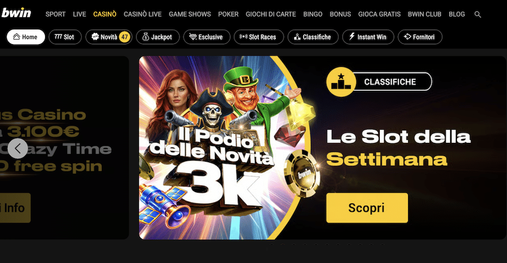 Come appare il sito del Bwin casino a un primo sguardo.